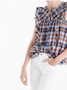J.Crew Sleeveless Blue Plaid Ruffle Top